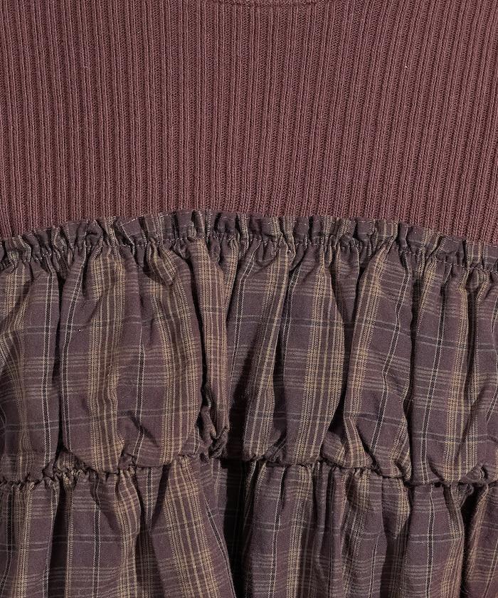 軍風羅紋拼接格紋長袖T恤