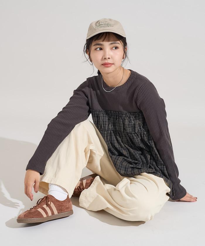 軍風羅紋拼接格紋長袖T恤