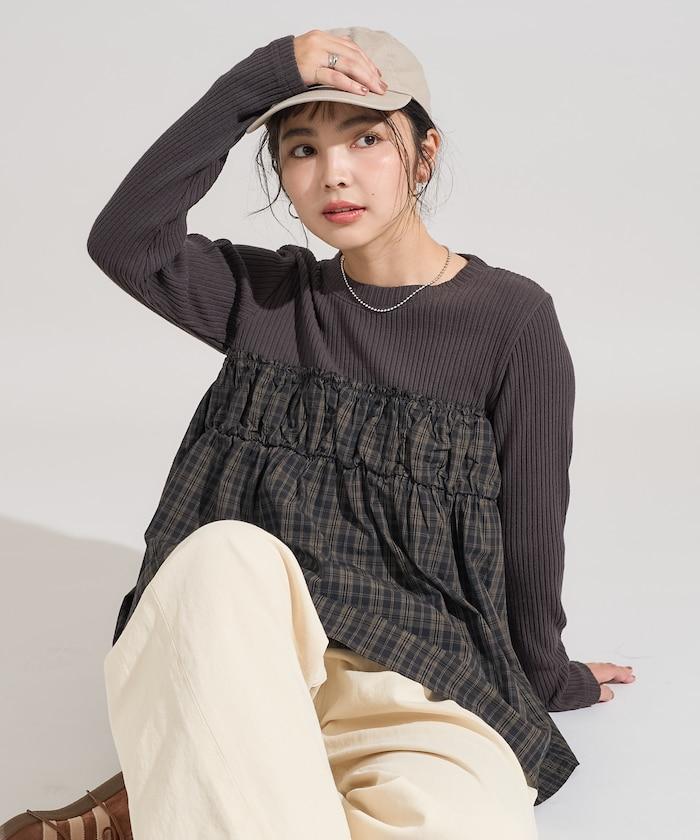 軍風羅紋拼接格紋長袖T恤