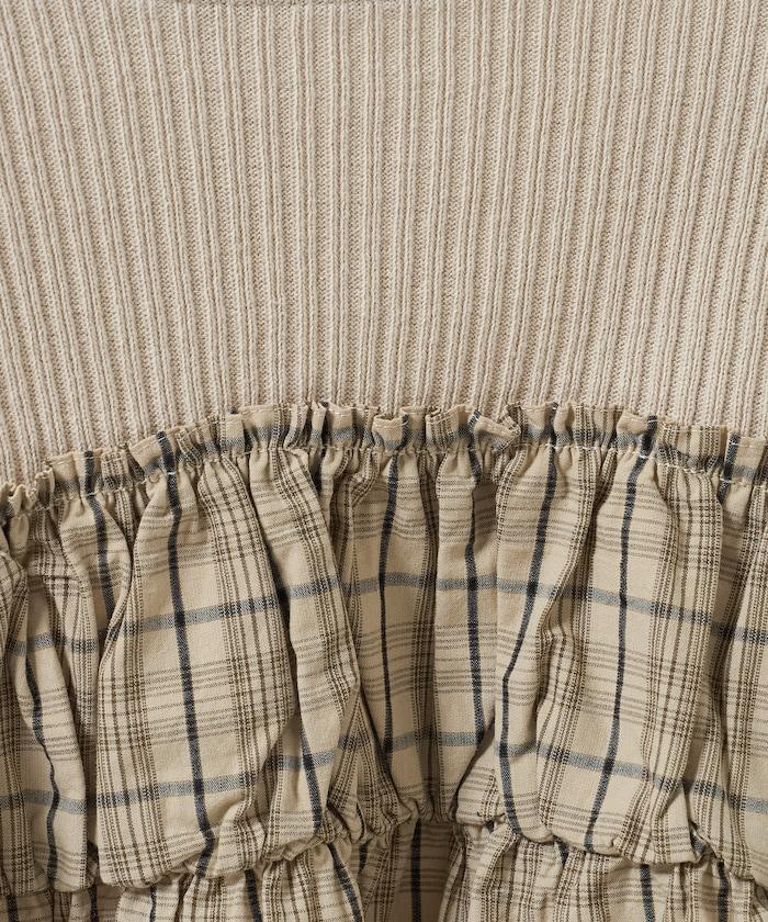 軍風羅紋拼接格紋長袖T恤