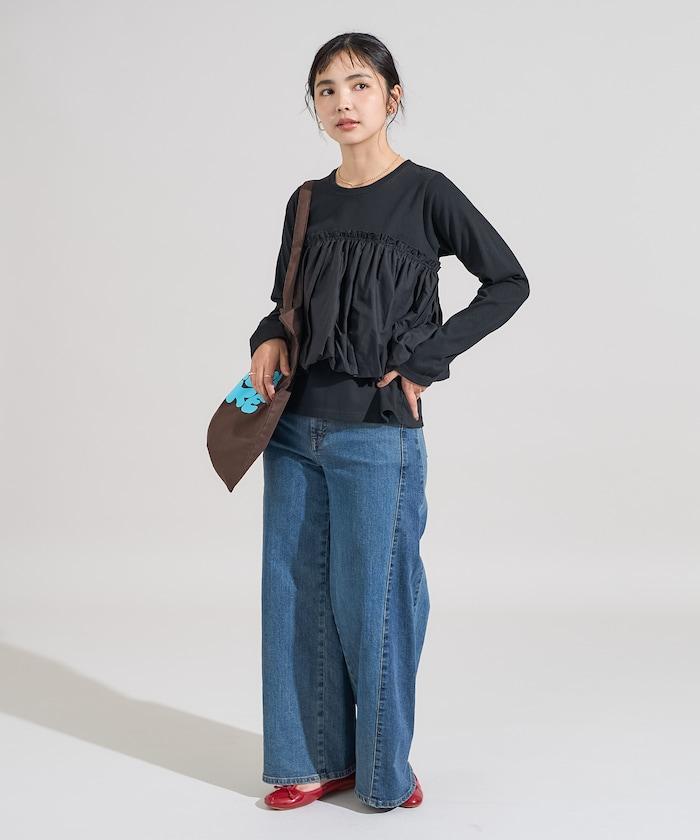 泡泡袖束身上衣風拼接長袖T恤