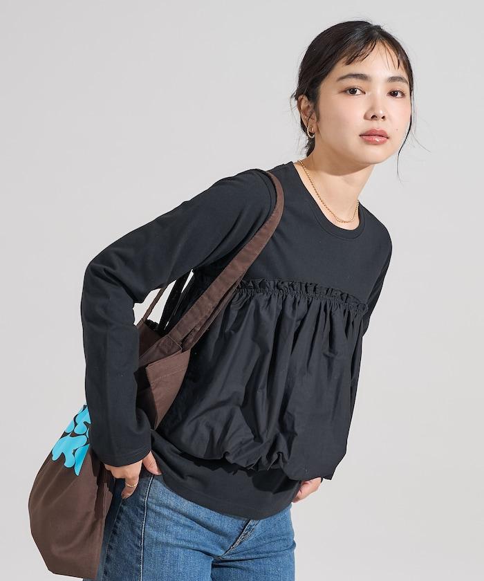 泡泡袖束身上衣風拼接長袖T恤