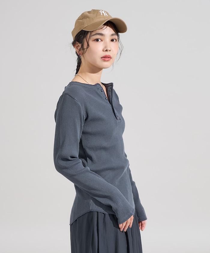 軍風羅紋亨利領長袖T恤