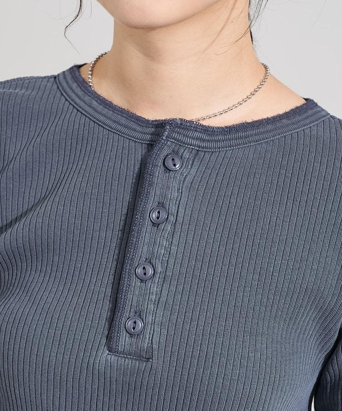 軍風羅紋亨利領長袖T恤