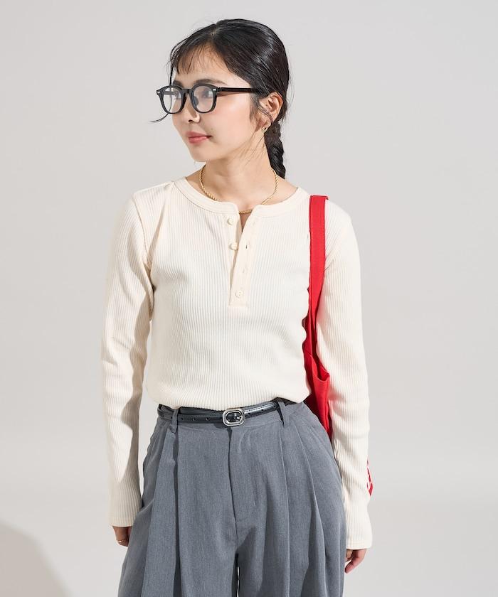 軍風羅紋亨利領長袖T恤