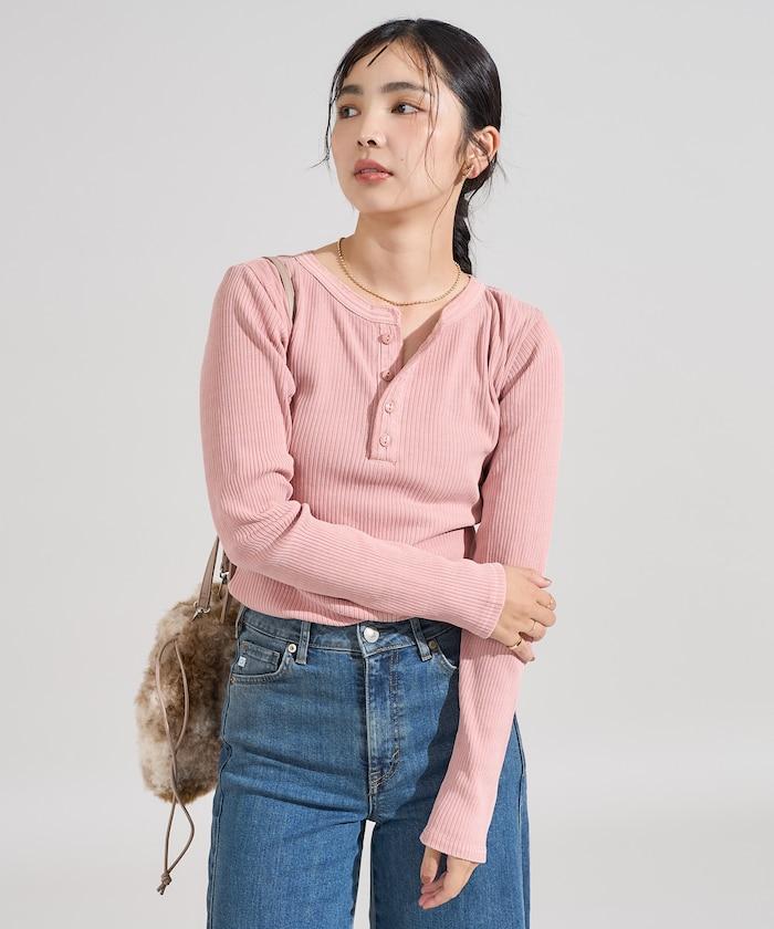 軍風羅紋亨利領長袖T恤