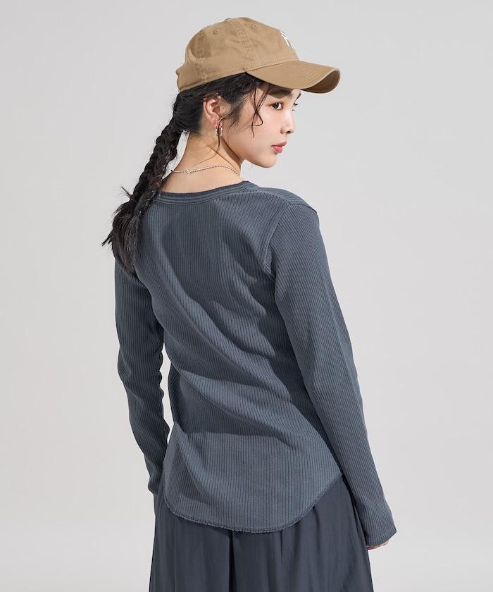 軍風羅紋亨利領長袖T恤