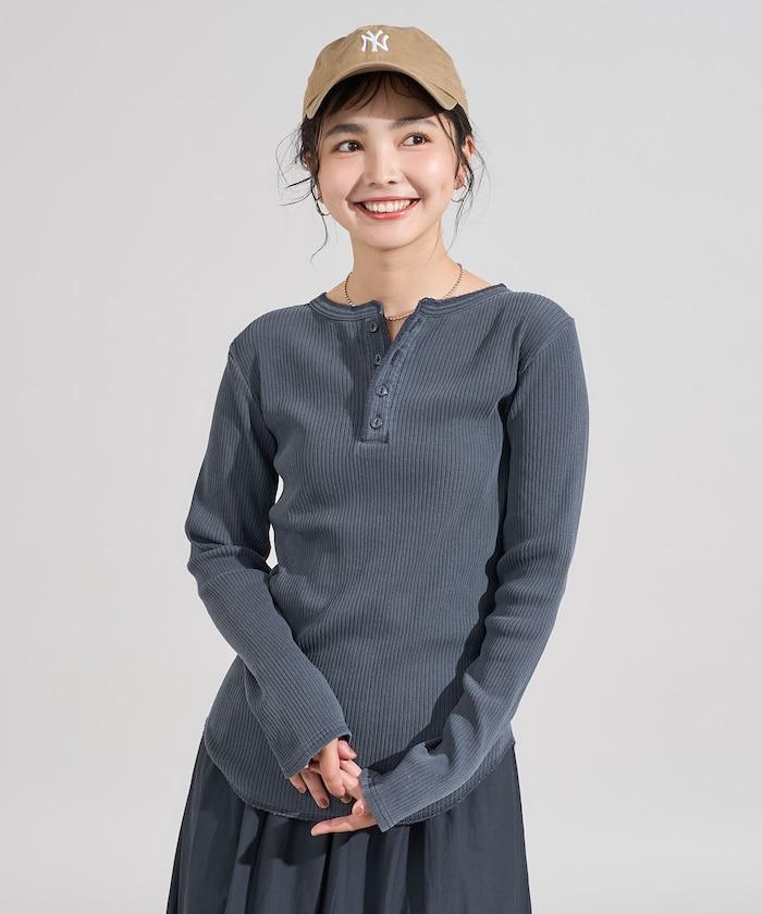 軍風羅紋亨利領長袖T恤