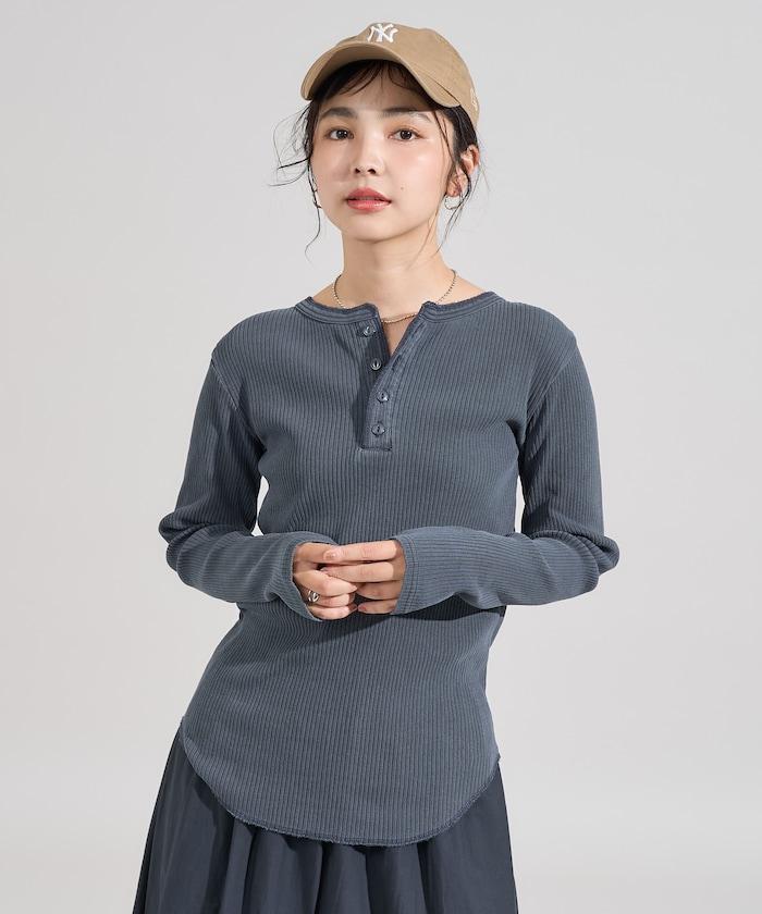 軍風羅紋亨利領長袖T恤