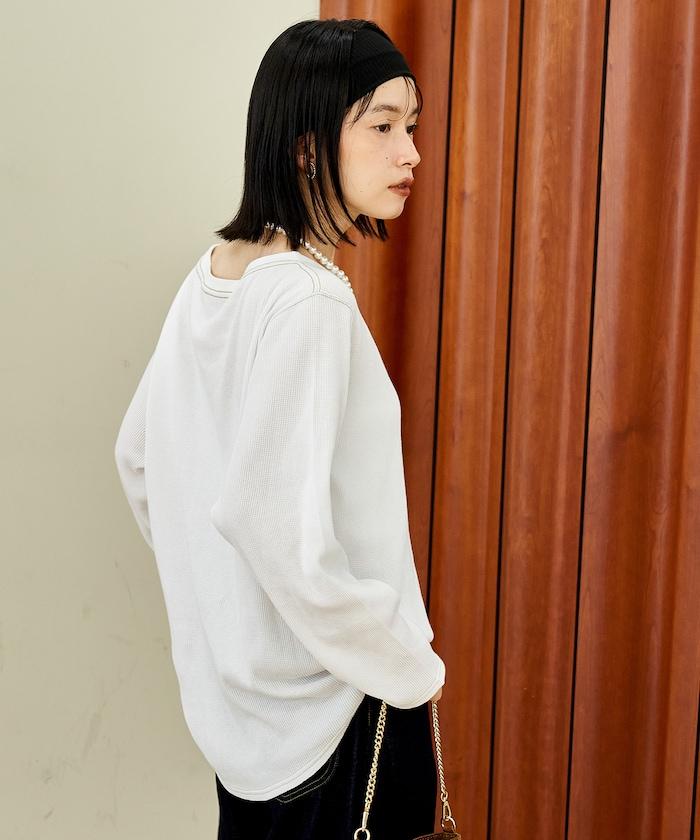 一字肩華夫格長袖T恤