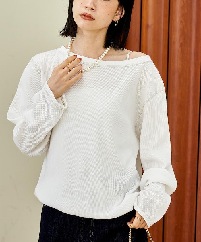 一字肩華夫格長袖T恤