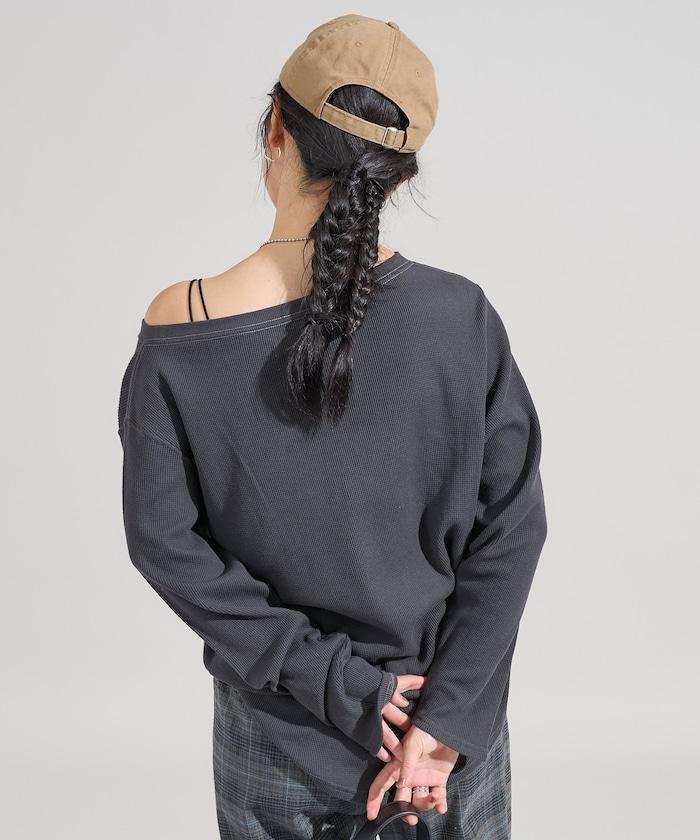 一字肩華夫格長袖T恤