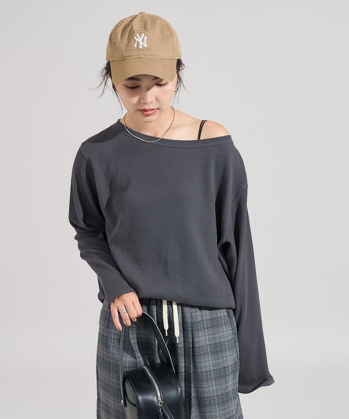 一字肩華夫格長袖T恤