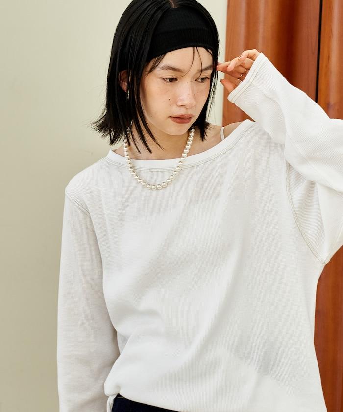 一字肩華夫格長袖T恤