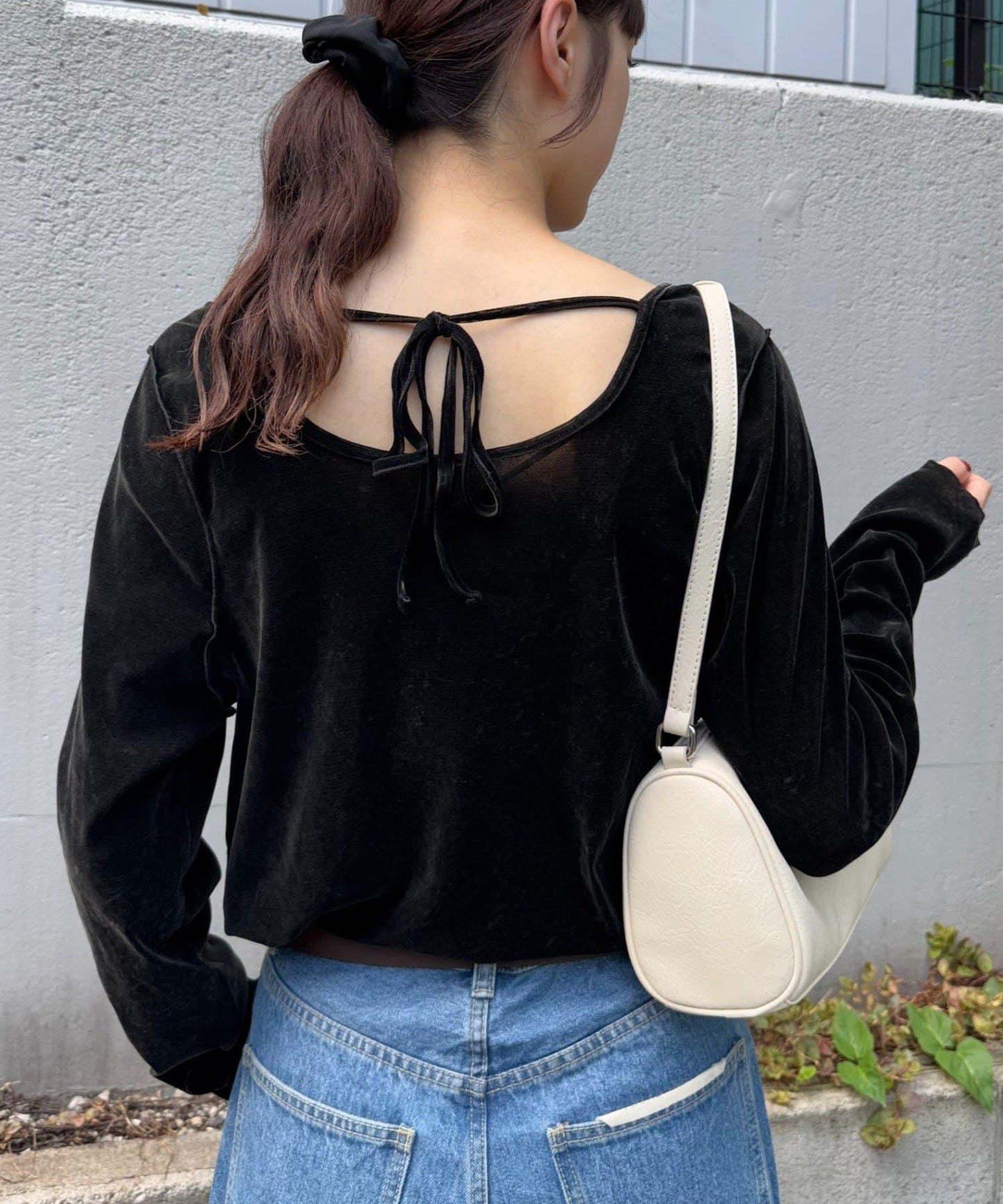 透視植絨復古工藝後系蝴蝶結上衣