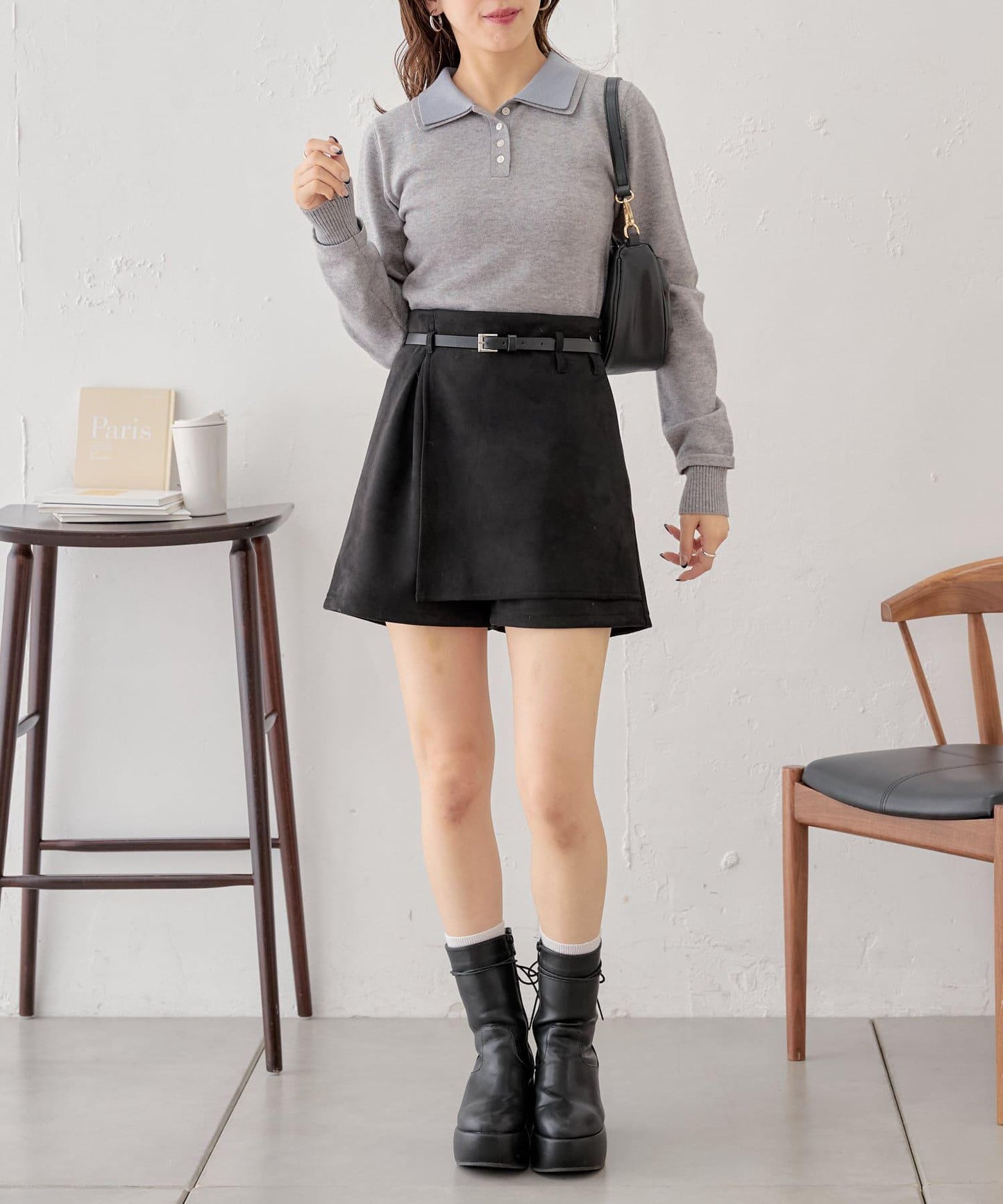 【Chico】附腰帶麂皮褶皺短褲