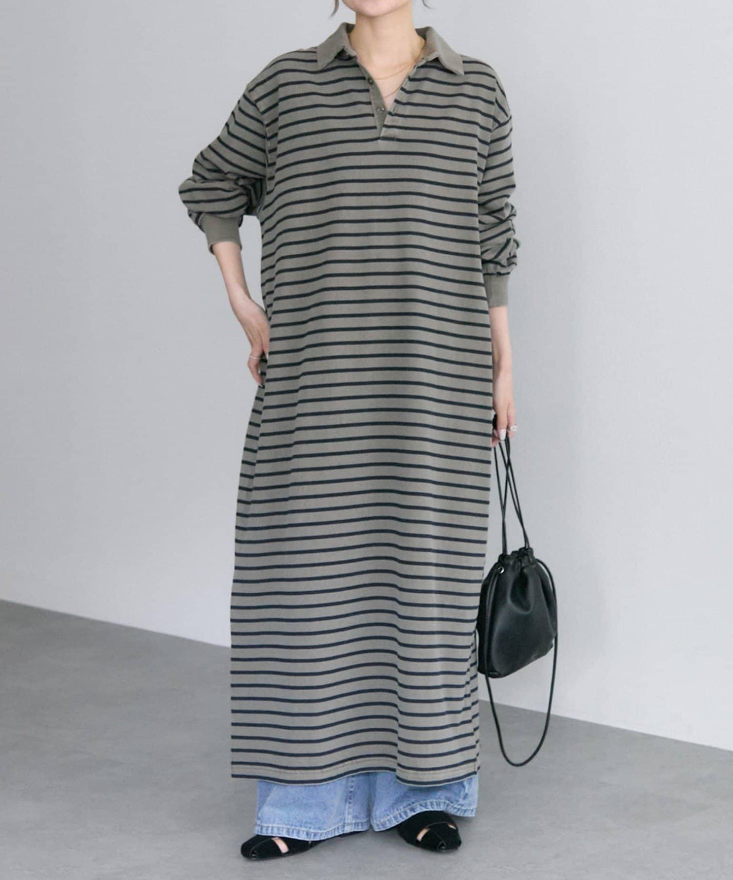 顏料條紋翻領連衣裙