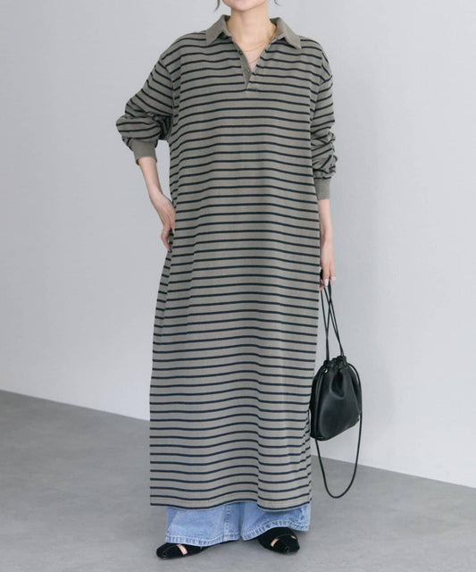 顏料條紋翻領連衣裙