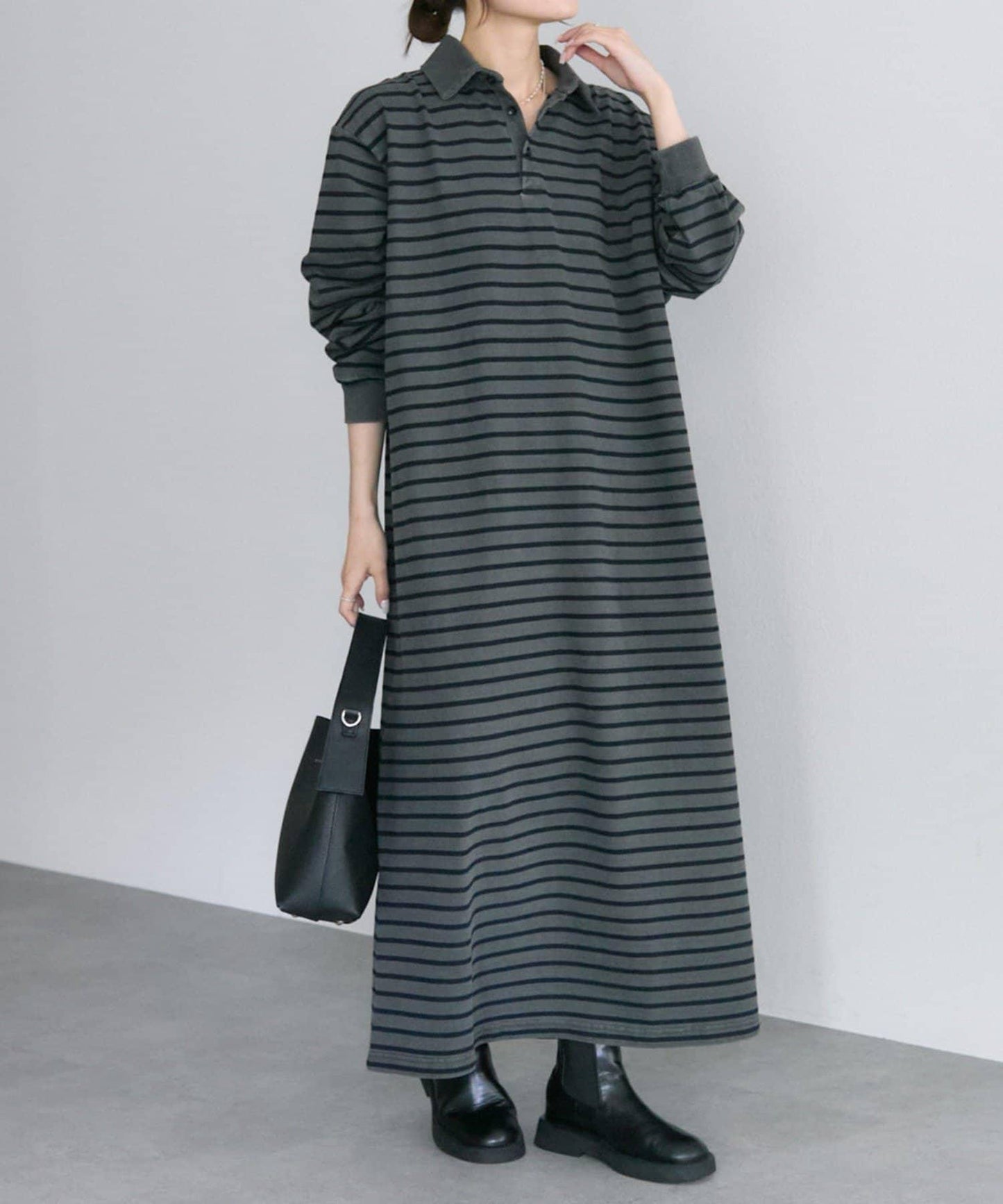 顏料條紋翻領連衣裙