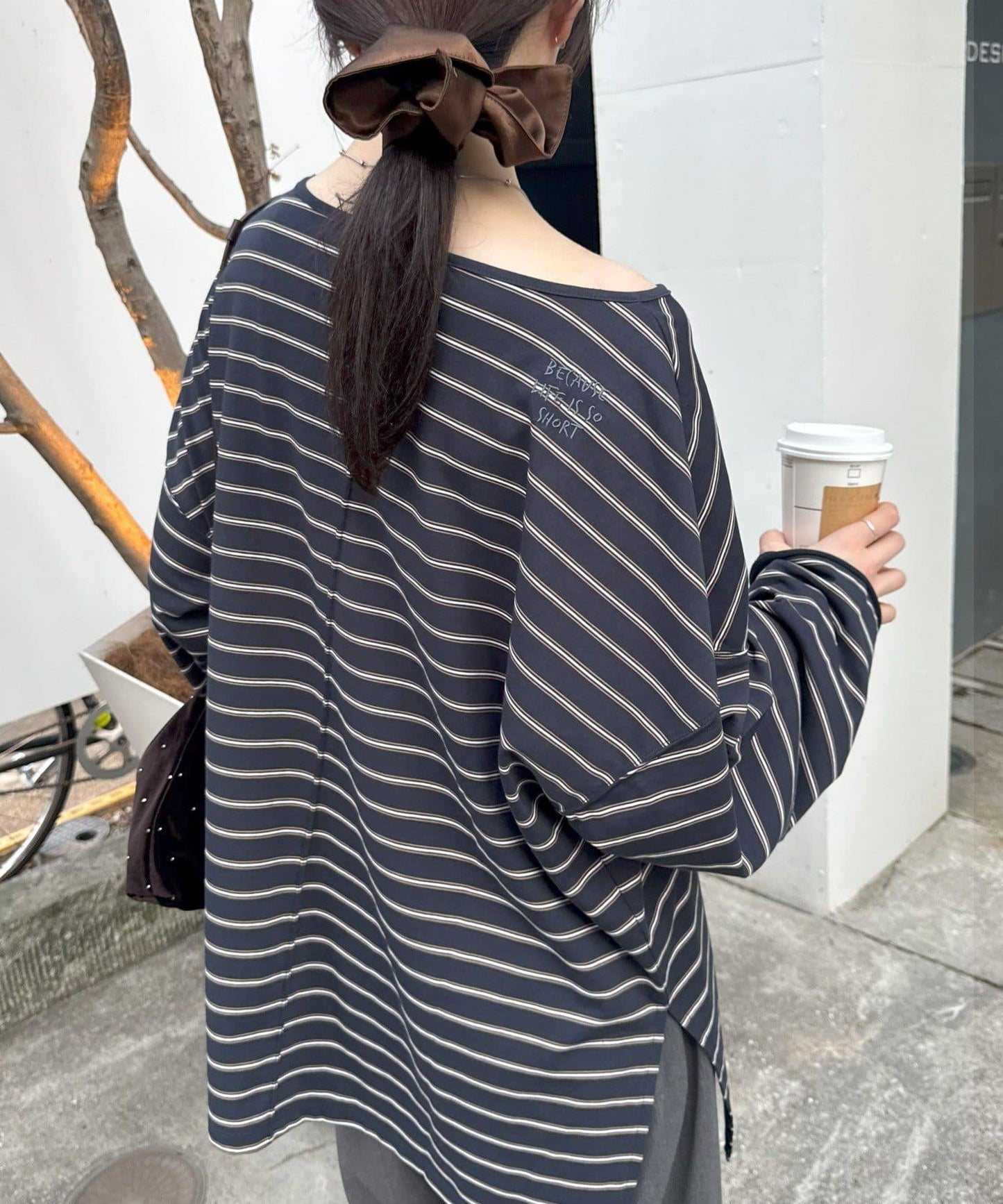 透視斜紋條紋單點刺繡寬鬆T恤