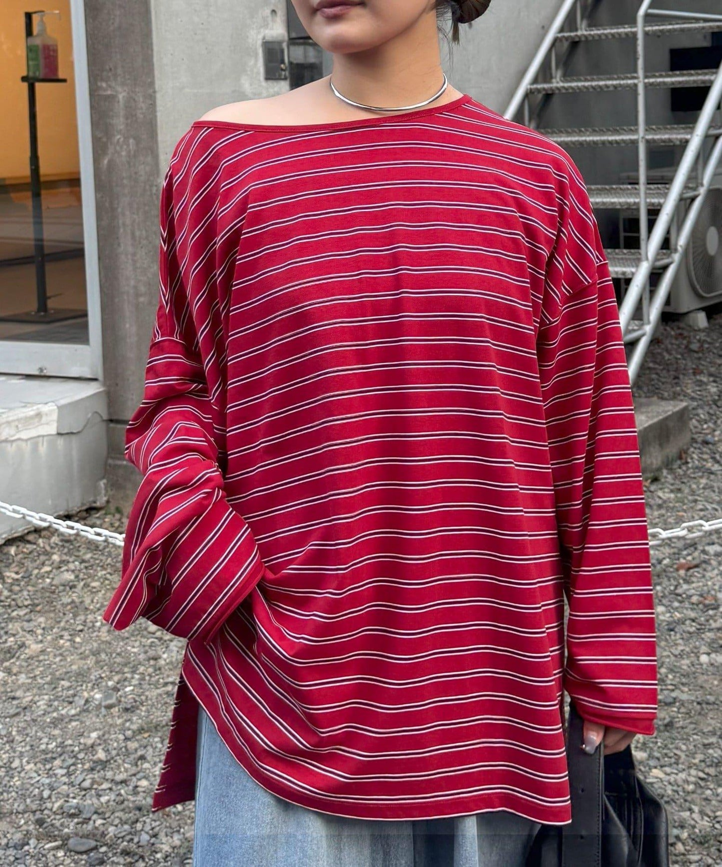 透視斜紋條紋單點刺繡寬鬆T恤