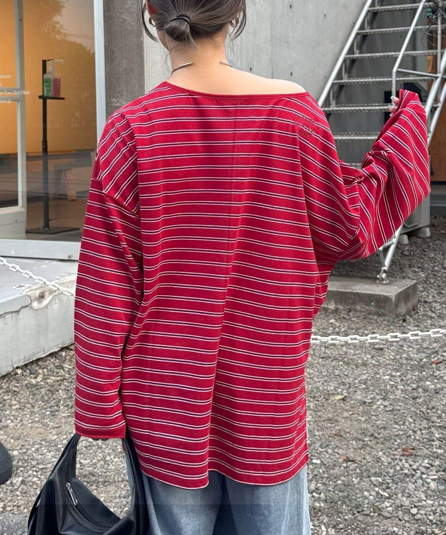 透視斜紋條紋單點刺繡寬鬆T恤