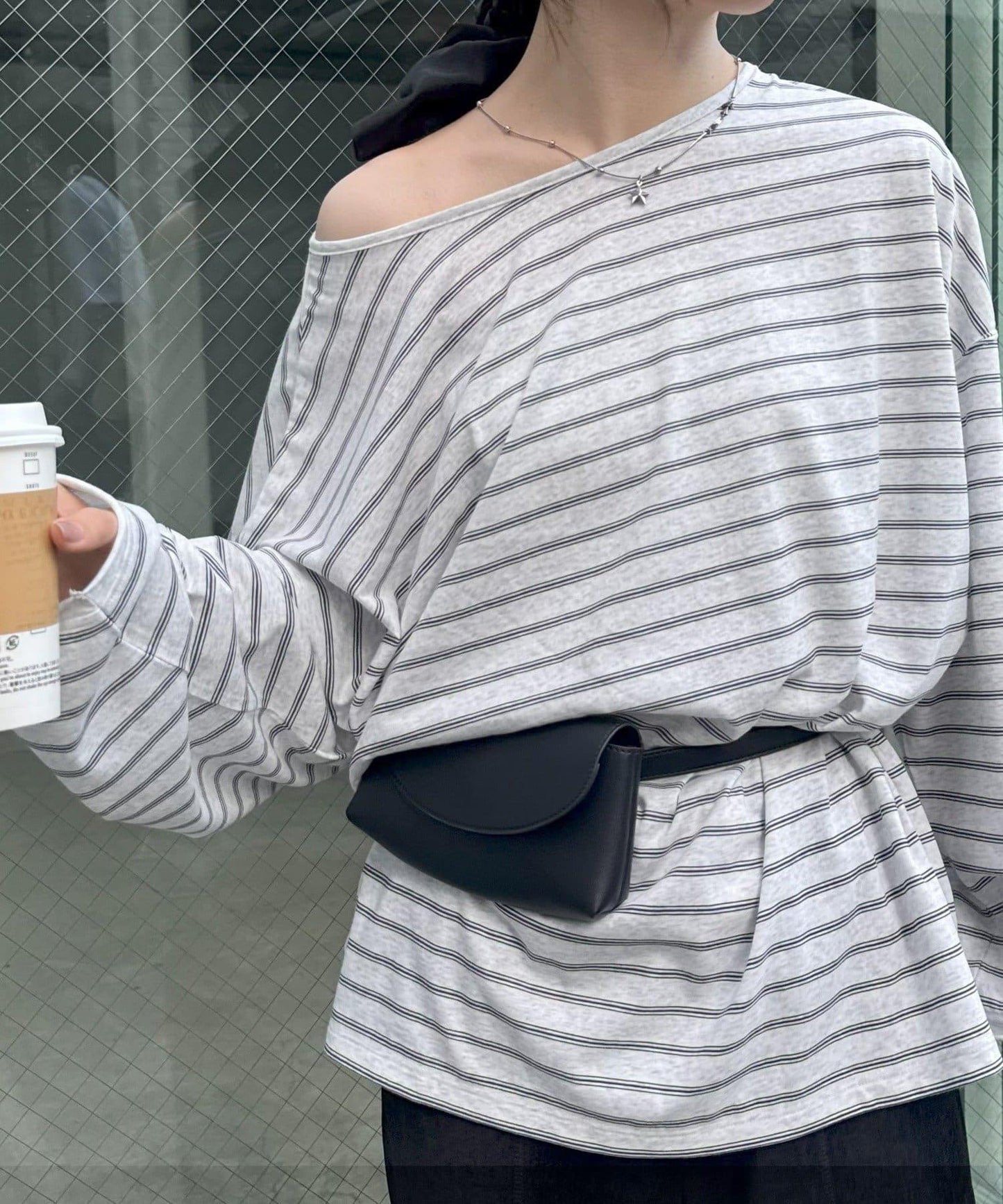 透視斜紋條紋單點刺繡寬鬆T恤