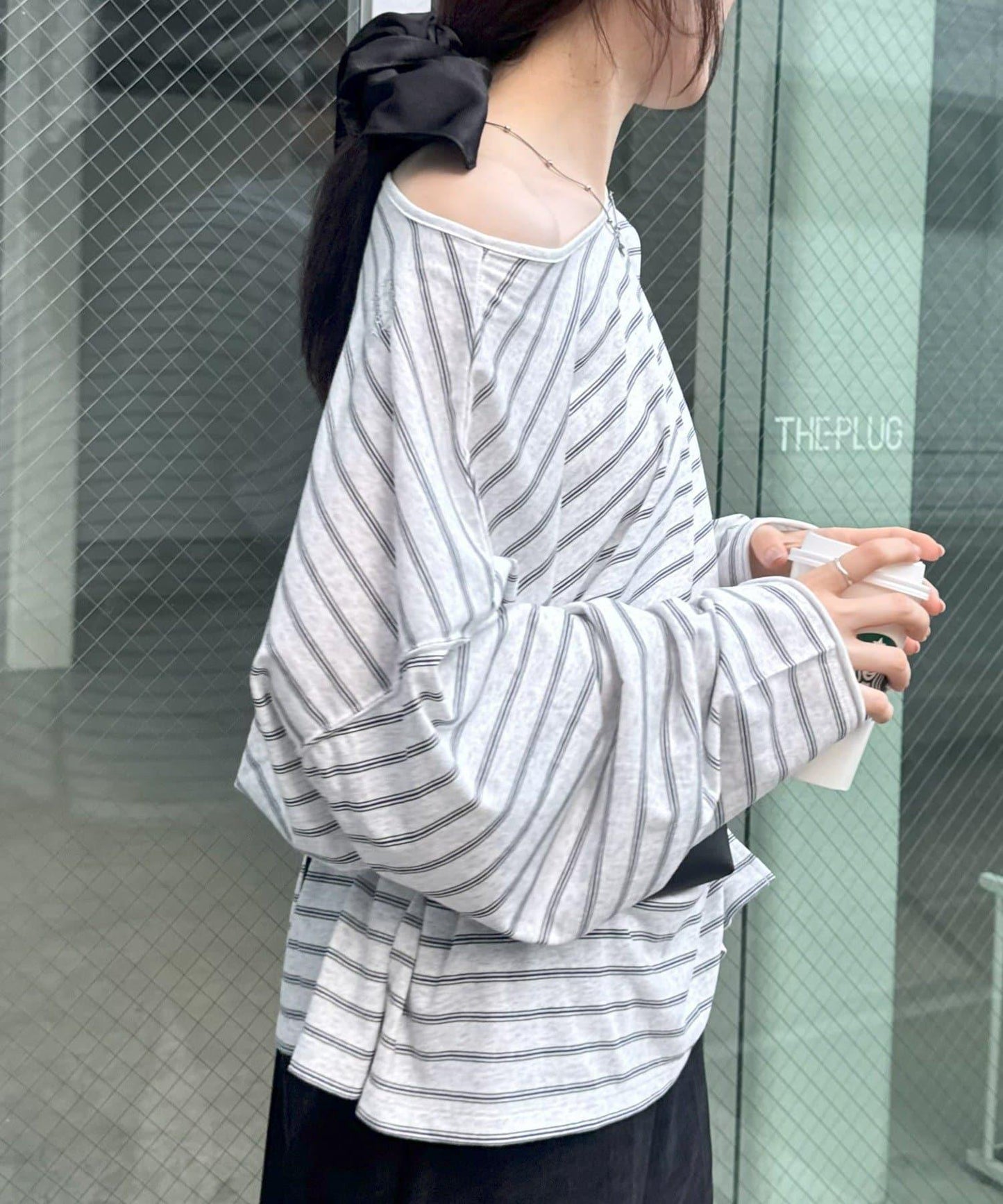 透視斜紋條紋單點刺繡寬鬆T恤