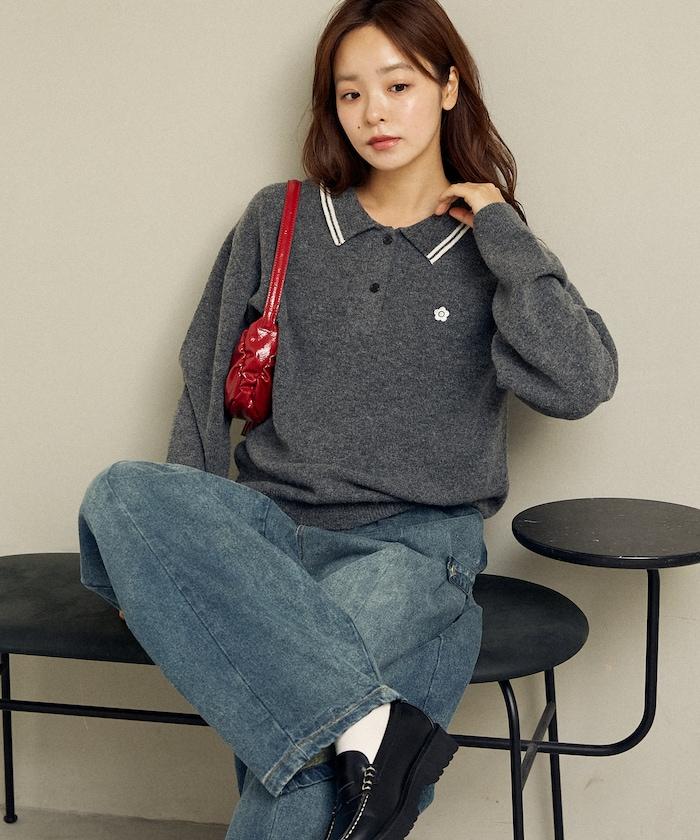 領口線條 單點刺繡 針織POLO衫