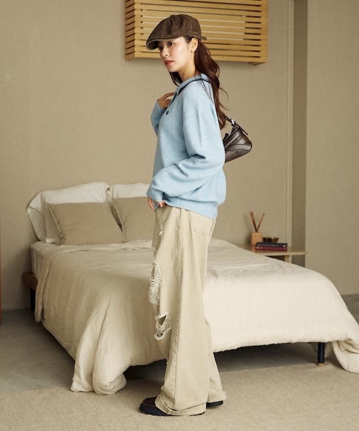 領口線條 單點刺繡 針織POLO衫