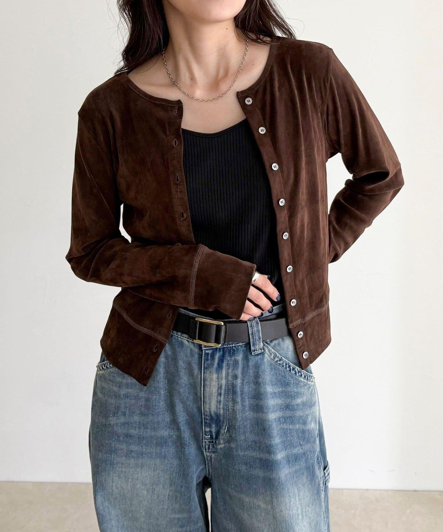 透視植絨短款開衫