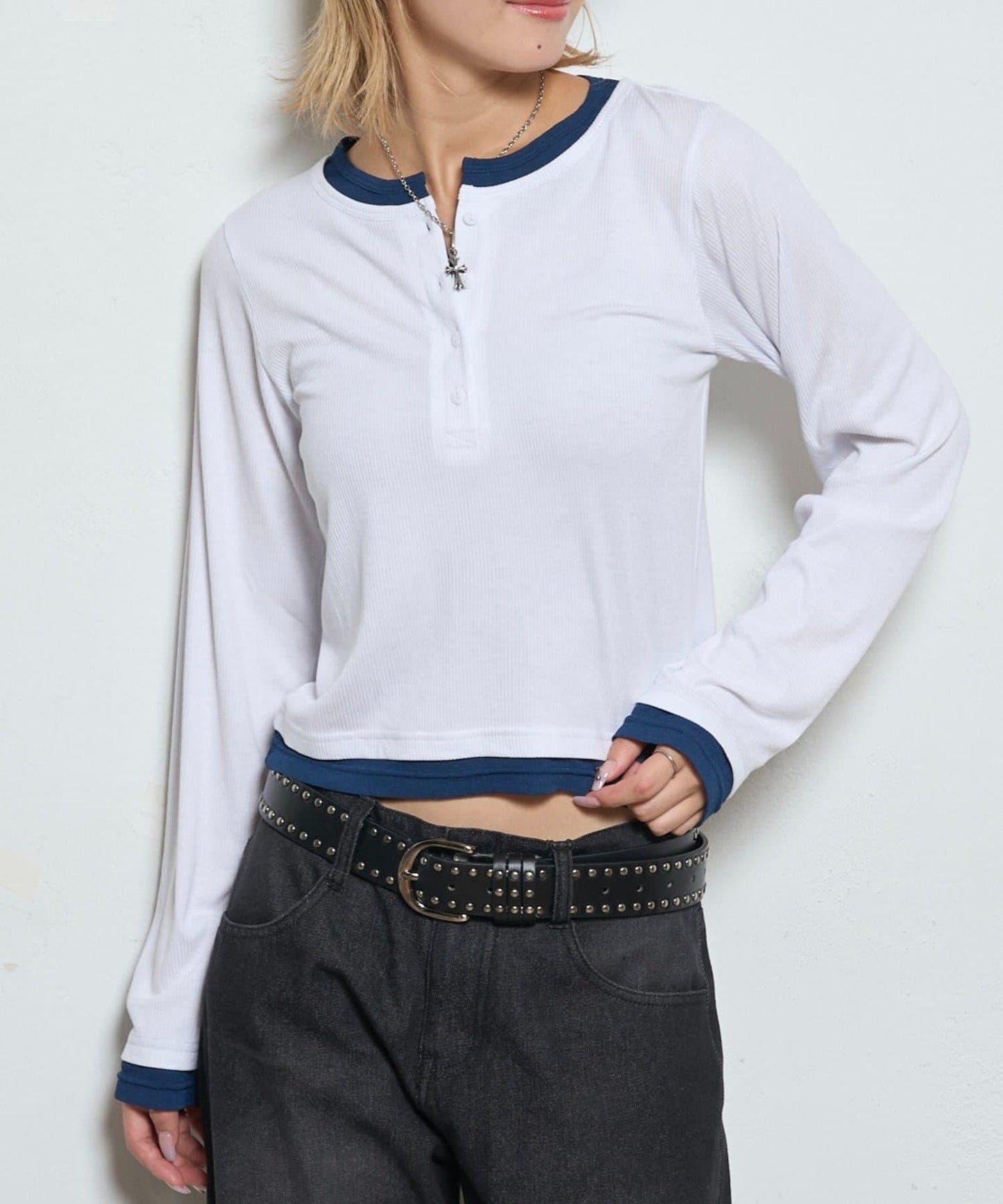 拼接亨利領上衣