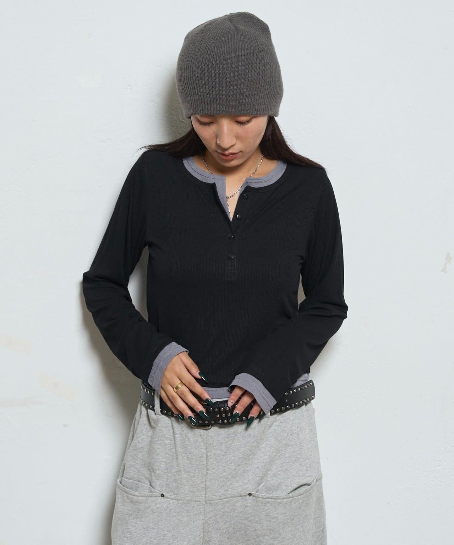 拼接亨利領上衣