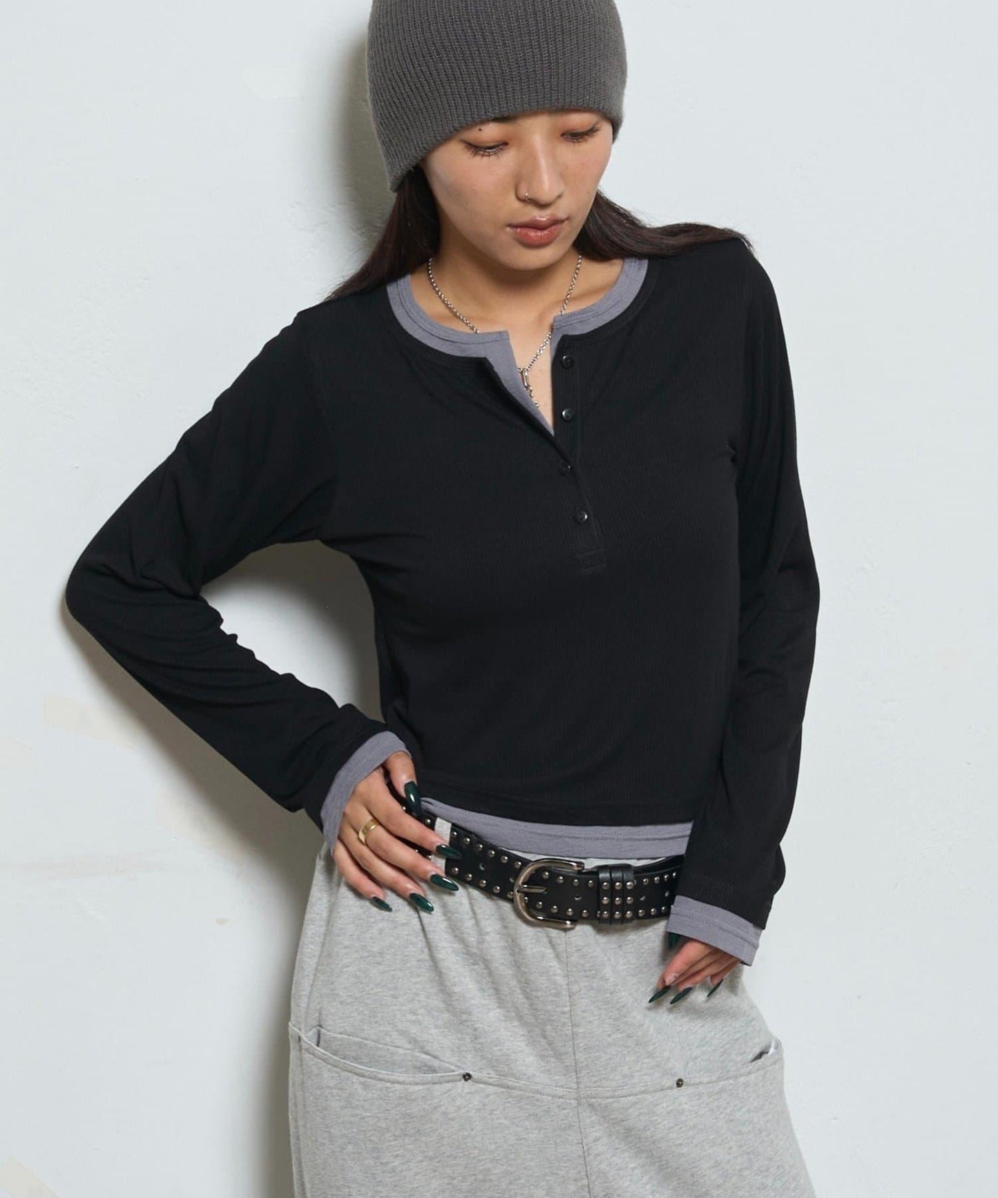 拼接亨利領上衣