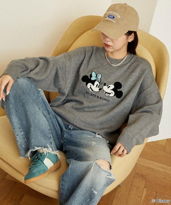 Mickey Mouse&Minnie Mouse/米老鼠&米妮/相良刺繡寬鬆針織衫