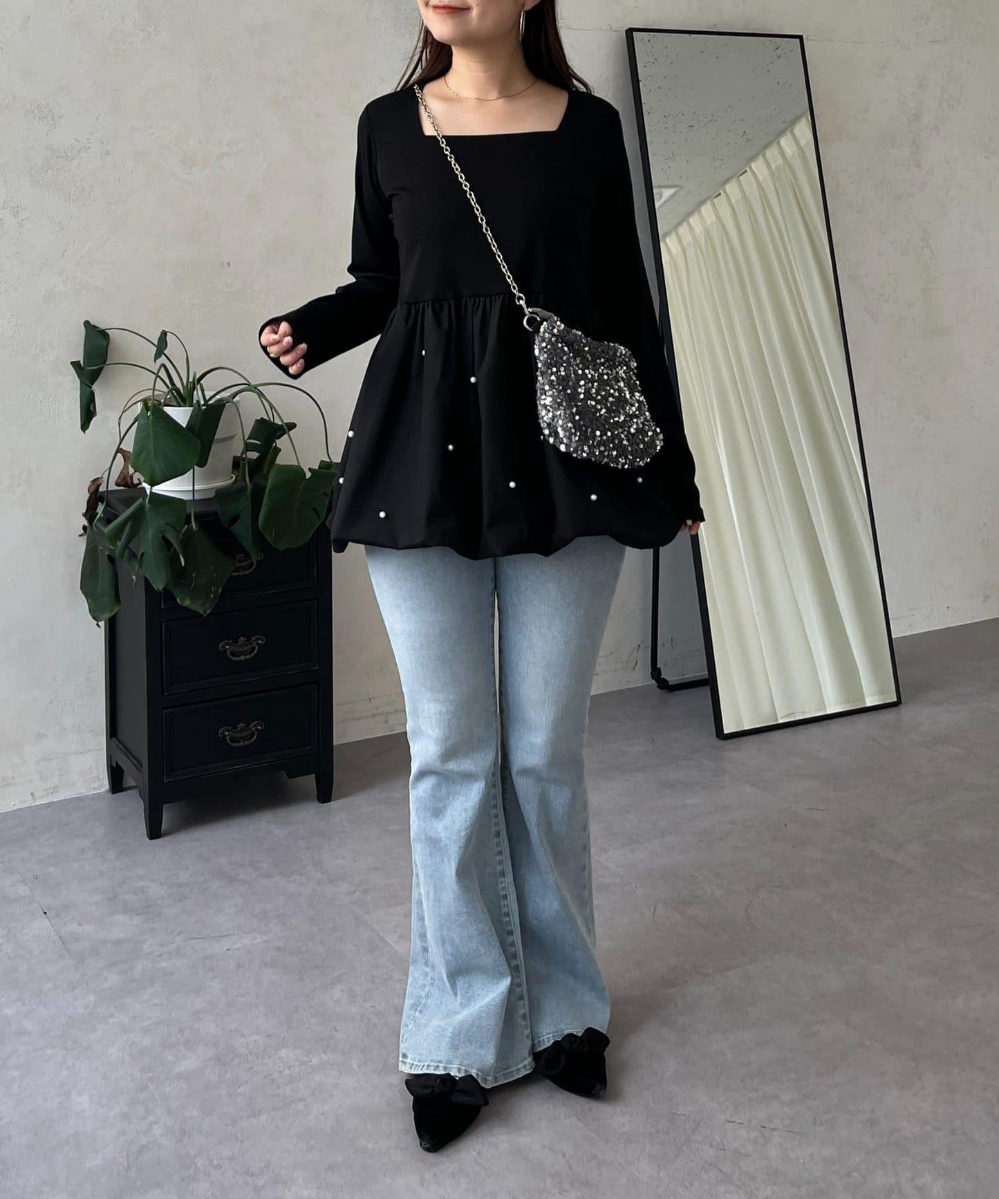 方領珍珠荷葉邊疊穿長袖T恤