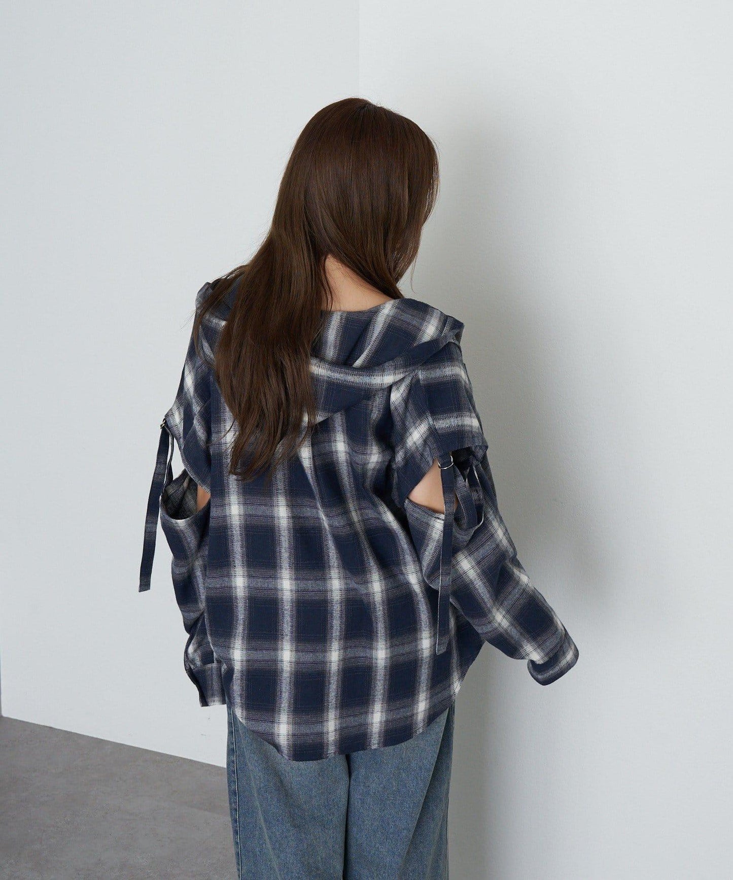 袖開叉連帽格子襯衫