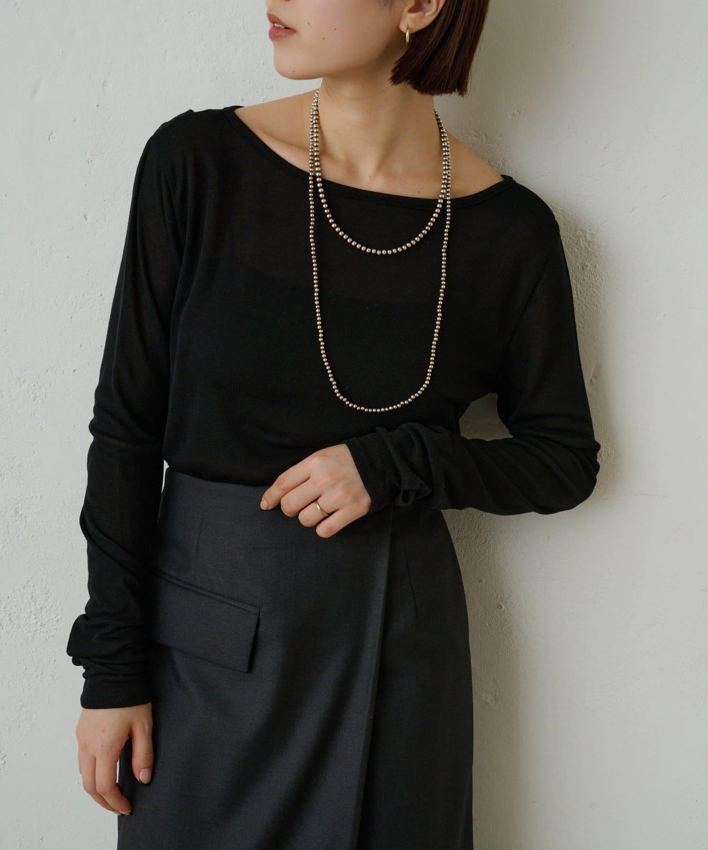 透視羅紋一字肩長袖T恤