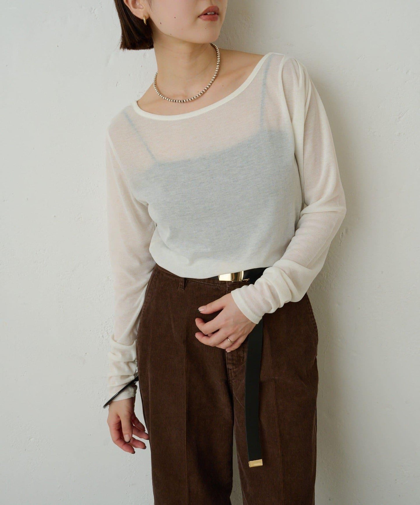 透視羅紋一字肩長袖T恤