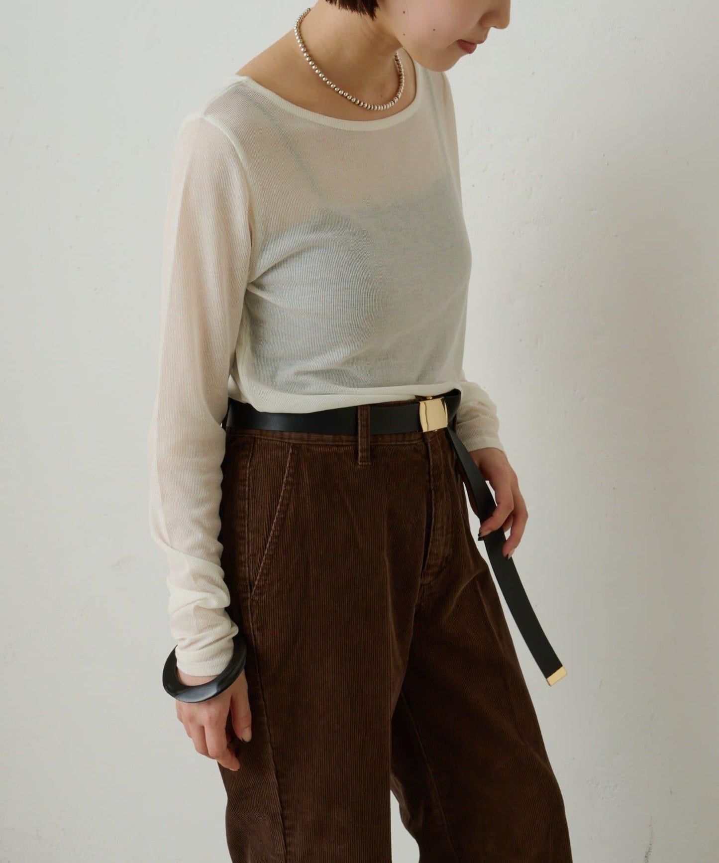 透視羅紋一字肩長袖T恤