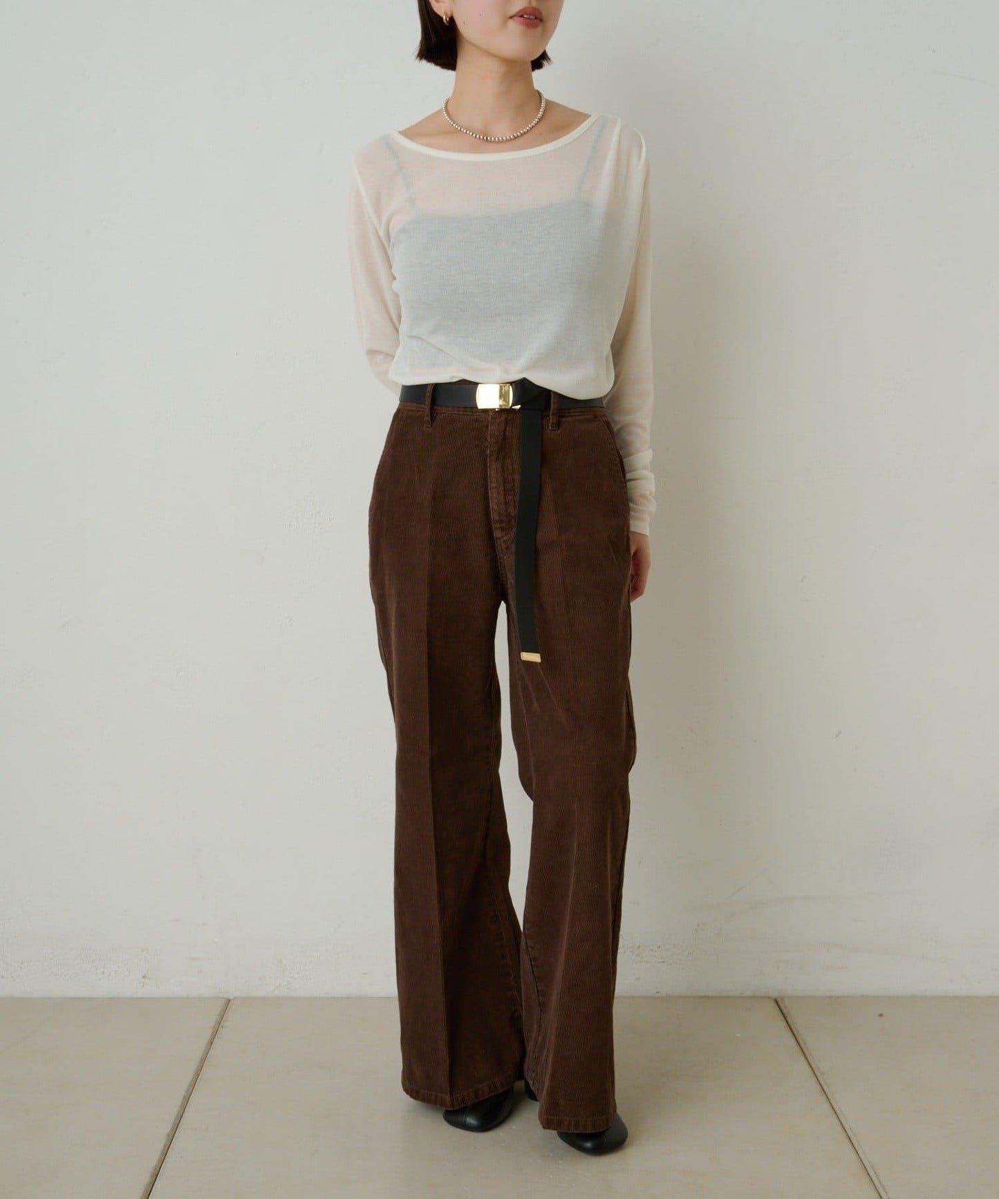 透視羅紋一字肩長袖T恤