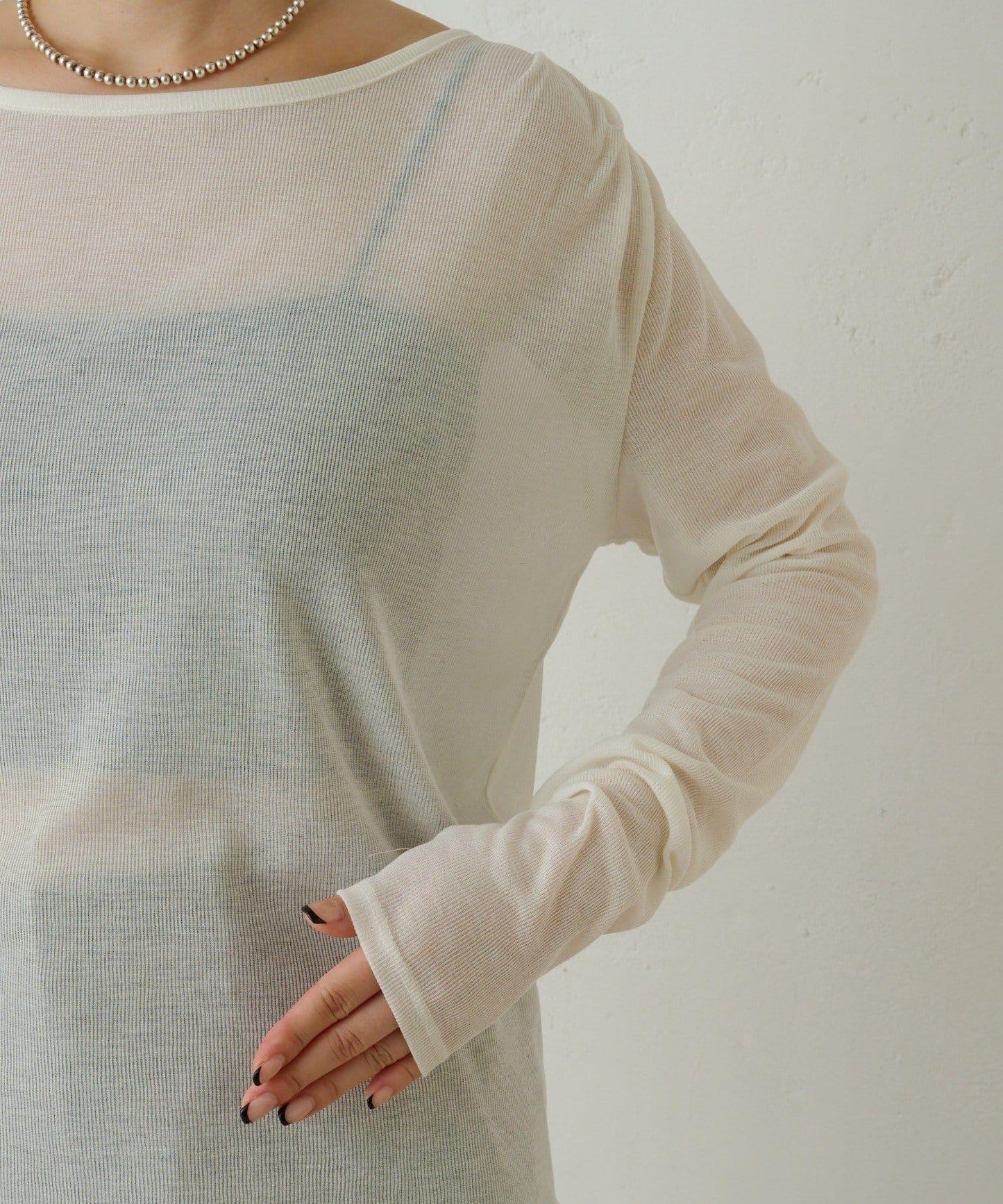 透視羅紋一字肩長袖T恤