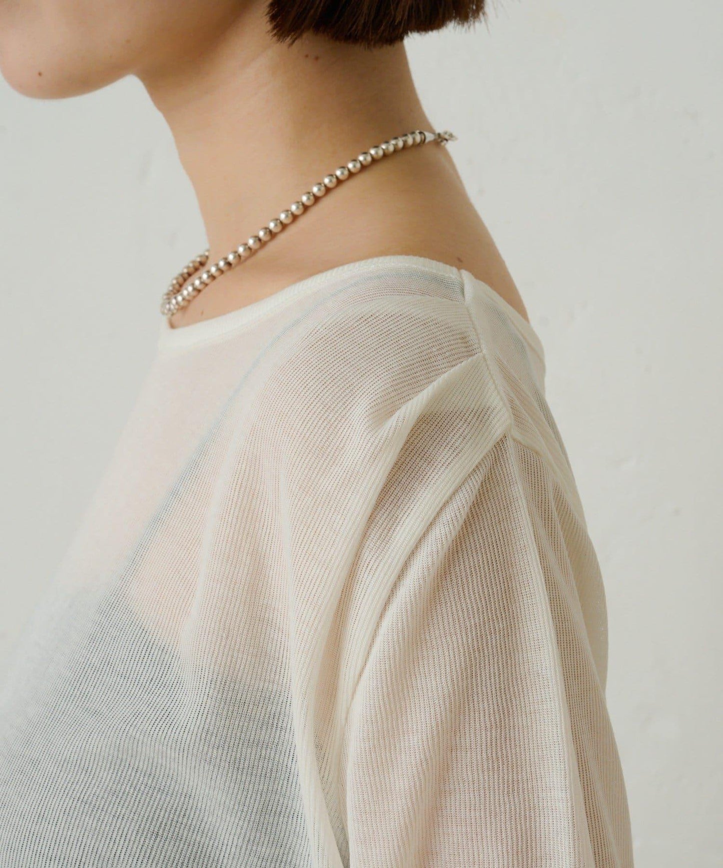 透視羅紋一字肩長袖T恤