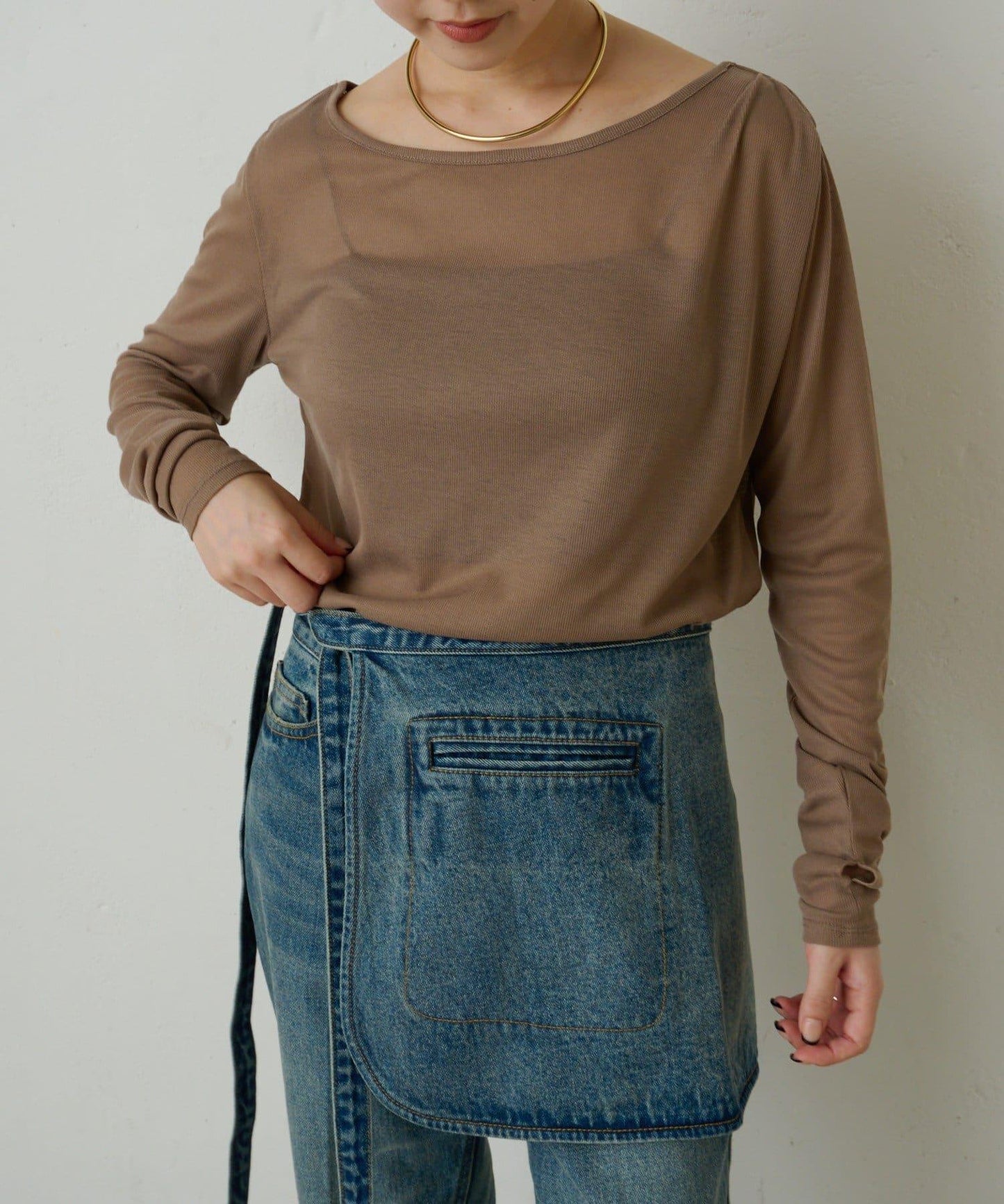 透視羅紋一字肩長袖T恤