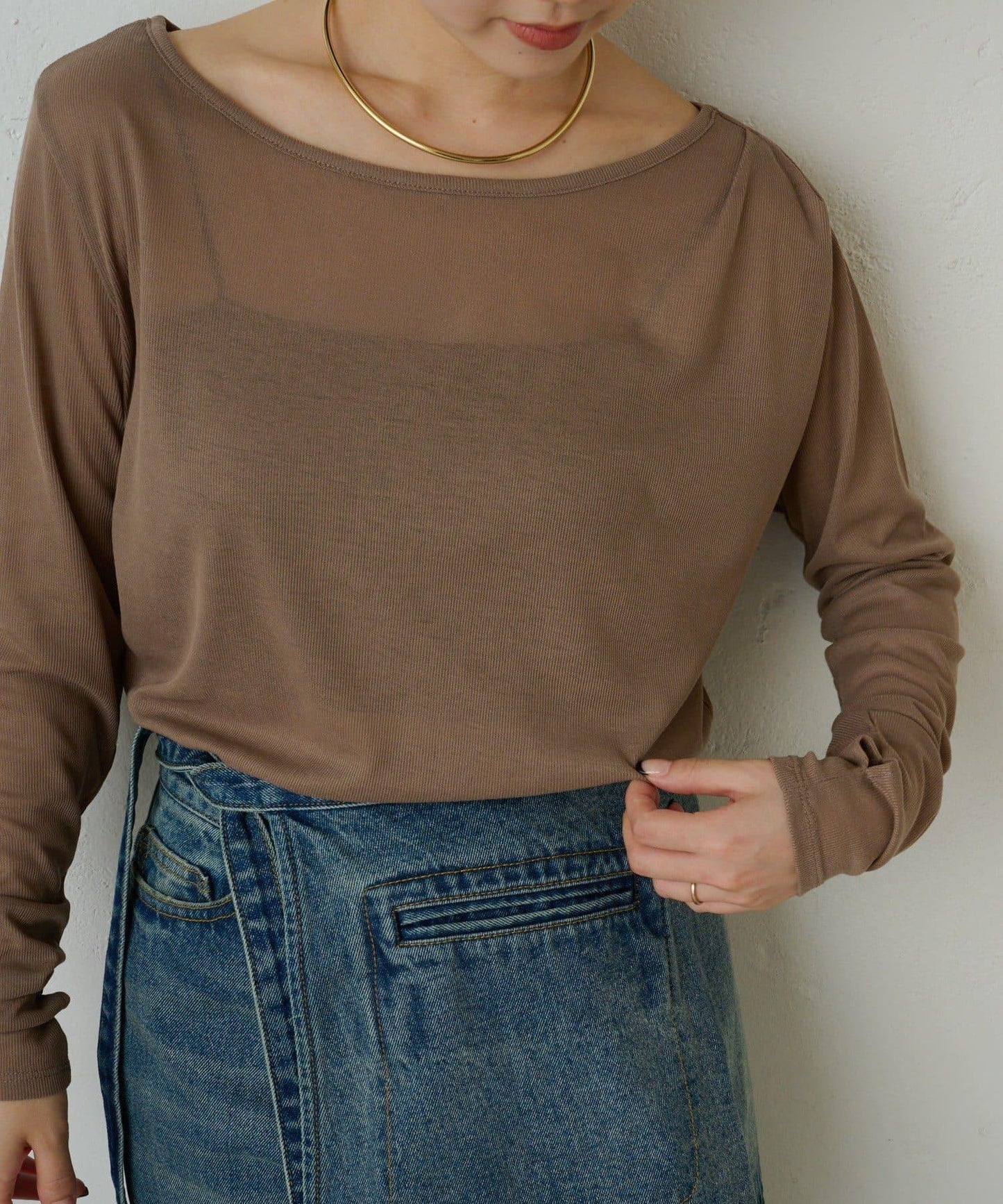 透視羅紋一字肩長袖T恤