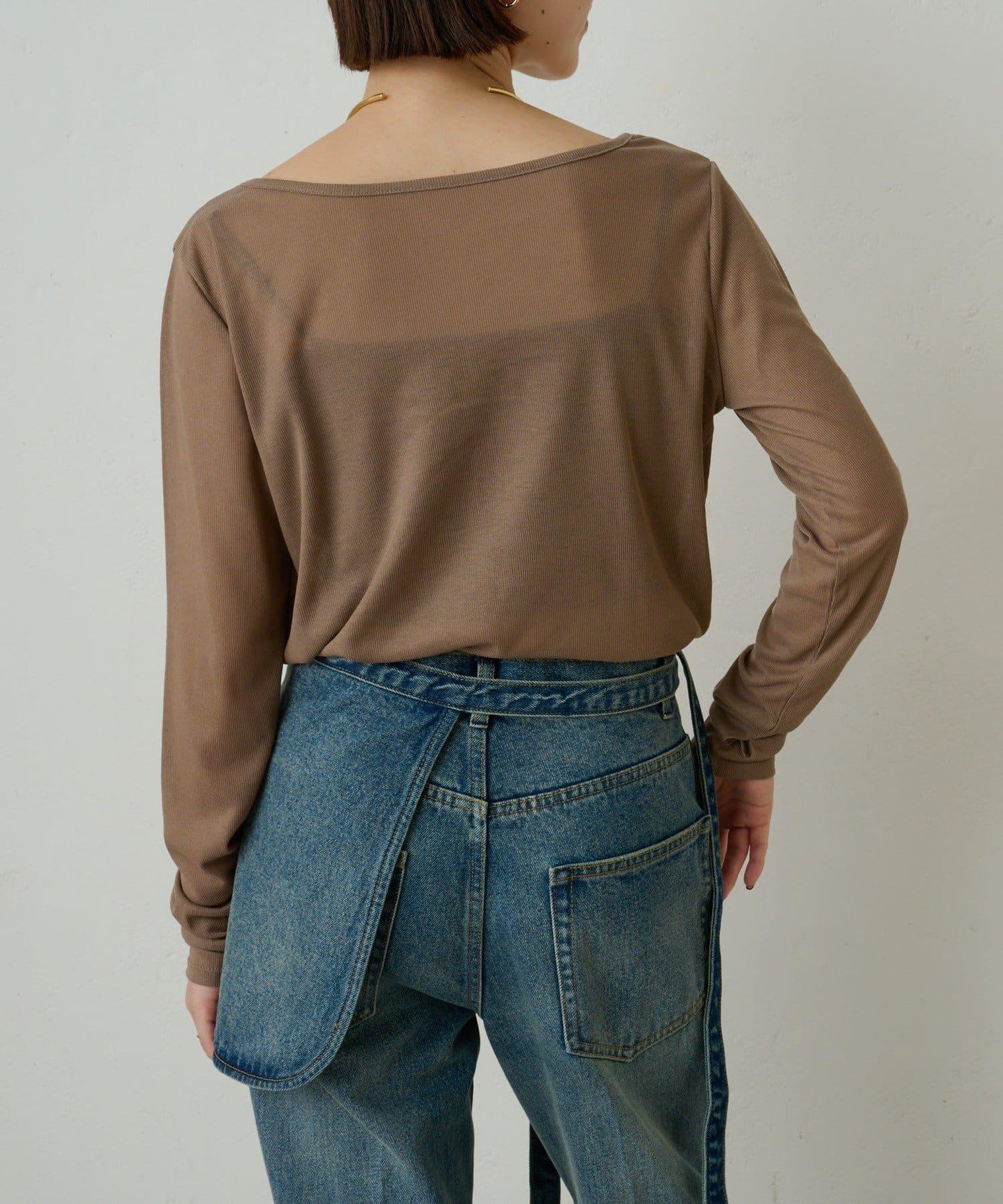 透視羅紋一字肩長袖T恤