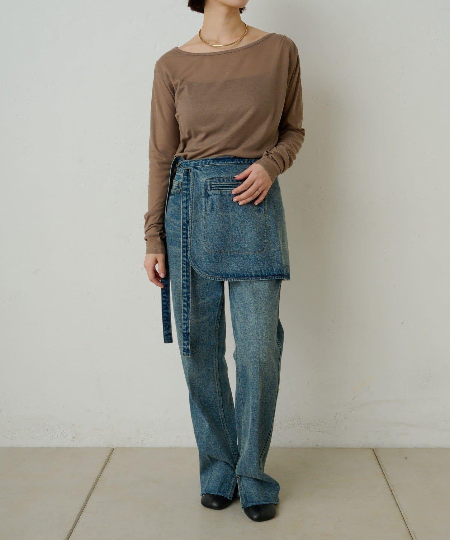 透視羅紋一字肩長袖T恤