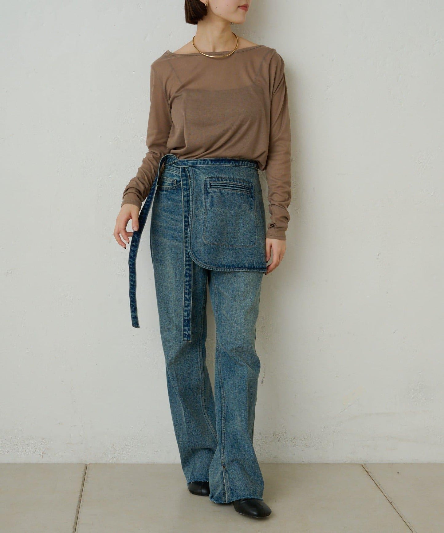 透視羅紋一字肩長袖T恤