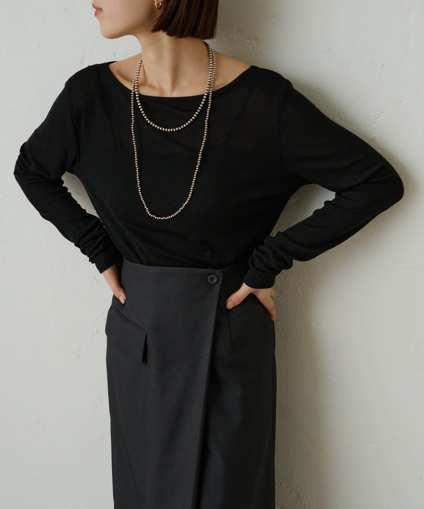 透視羅紋一字肩長袖T恤