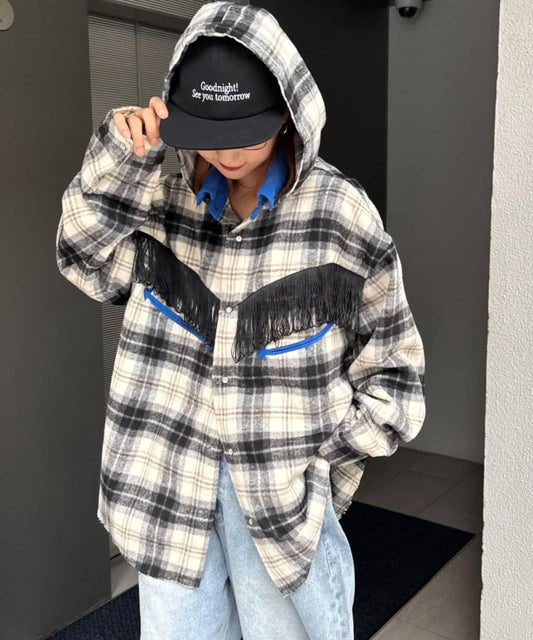 【SOUNDS GOOOOD】法蘭絨格紋刺繡流蘇連帽西部風襯衫